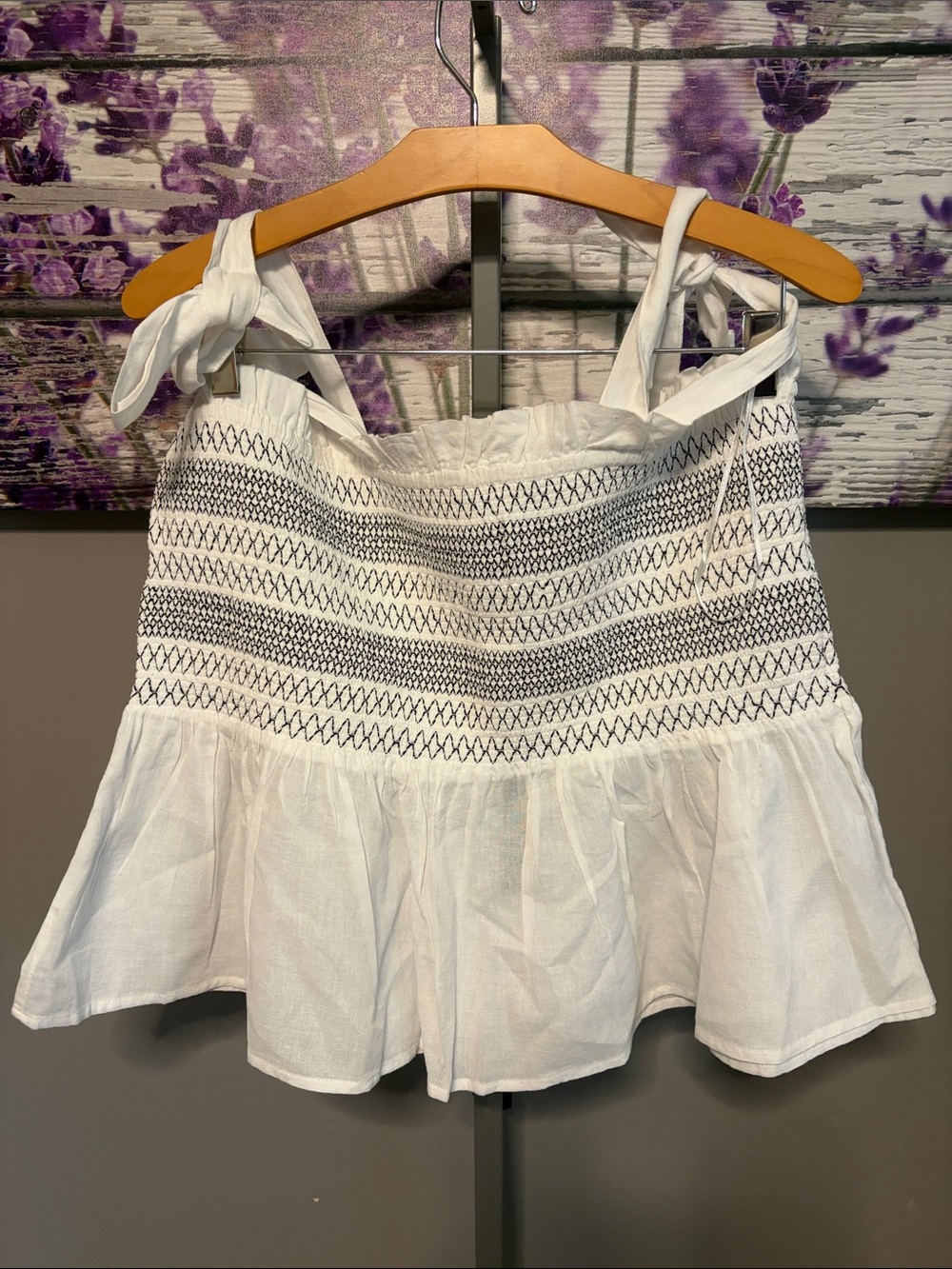 Elie Tahari White Smocked Peplum Tank with Black Stitching Adjustable Straps NWT